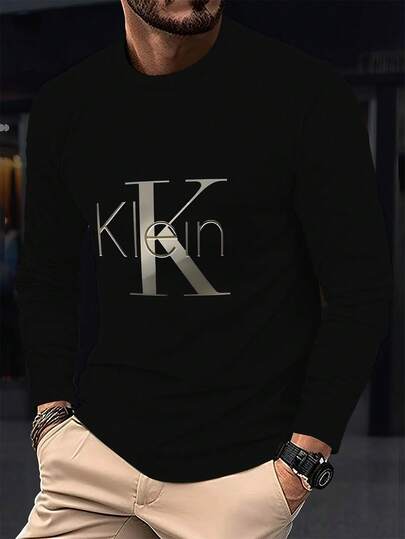 Herr 3D digitaltryckt långärmad T-shirt - Rundhalsad casual topp, designad med moderiktiga typsnitt, tillverkad av lätt och andningsbart elastiskt tyg för vår och höst, lämplig för vardagsbruk, hög komfort | Moderna vardagskläder | Lämplig som julklapp till pappor eller pojkvänner