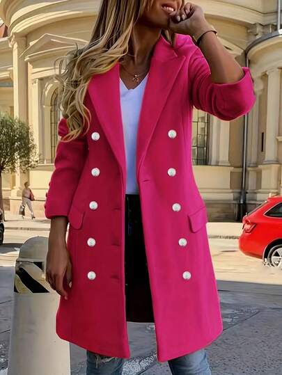 Plus Size Women's Solid Color Fashion Casual Elegant Lapel Collar Double-Breasted Structured Collar And Slim Fit Overcoat, Suitable For Daily Matching, Outings, Gatherings, Business, Office Commute