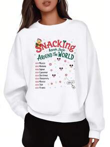 Disney Oversized Sweatshirt Black Snacking Around The World Graphic Print With Global Food List And Mickey Mouse Design For Casual Wear And Travel-Themed Outfits - White - View 1