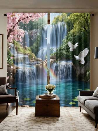 2 piezas Cortinas opacas con estilo natural de paisaje de cascada y bosque, de poliéster, con ojal para barra, diseño moderno, lavable a máquina, adecuado para dormitorio y múltiples habitaciones