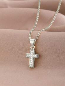 1pc Simple Stylish Glittering Silver Cubic Zirconia Decor Cross Shape Pendant Necklace For Girls For Delicate Faith Jewelry For Religious Christian Gift And Birthday Gift