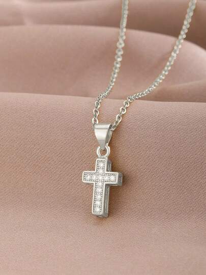 1pc Simple Stylish Glittering Silver Cubic Zirconia Decor Cross Shape Pendant Necklace For Girls For Delicate Faith Jewelry For Religious Christian Gift And Birthday Gift