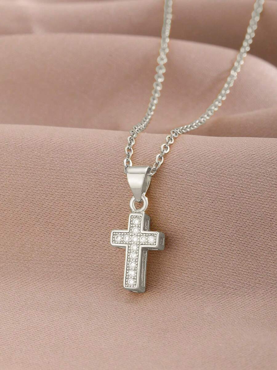 1pc Simple Stylish Glittering Silver Cubic Zirconia Decor Cross Shape Pendant Necklace For Girls For Delicate Faith Jewelry For Religious Christian Gift And Birthday Gift