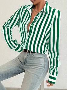 Contrast Color Block Striped Button Front Women Shirt, Loose Striped Blouse For Women Slimming Vintage Niche Versatile Top, New Year Spring Vacation - Green - View 3