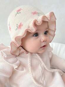 1pc Infant Cute Ruffle Flower Winter Warm Earflap Beanie Hat, Princess Style Knitted Tie-Up Cap For Outdoor
