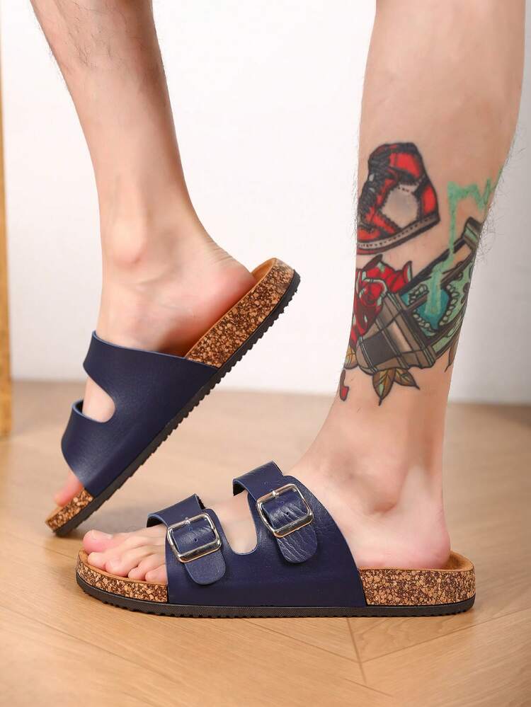 Nuevas zapatillas de estar por casa para hombres con suela de corcho suave y elegante, parte superior de PU ajustable, antideslizantes, cómodas, livianas e ideales para interiores - Azul oscuro - Añade 6