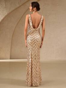 女士夏季新款优雅迷人美人鱼露背连衣裙，适合婚礼、单身派对、度假、庆典、伴娘礼服（成人款）、正式晚礼服、派对礼服 - 杏色 - 查看 4