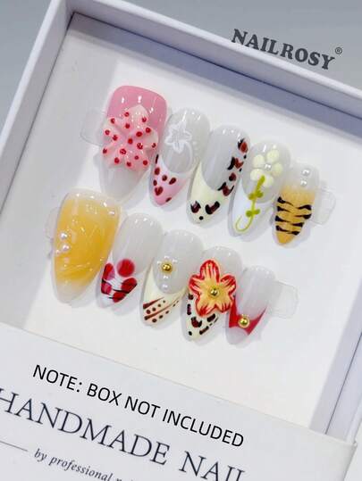 nailrosy 10 Unhas Postiças Acrílicas Artesanais em Azul, Branco e Transparente, Formato Amêndoa, Curtas, com Design Floral 3D, Ferramentas para Unhas Postiças para Casamento, Aniversário, Festa, Estilo Francês Fofo