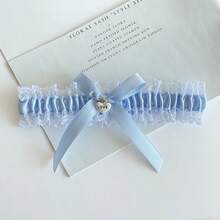 新娘婚礼腿吊袜带 - 心形吊坠蕾丝腿环吊袜带，蓝色蝴蝶结腿饰，适合婚礼派对 - 藏蓝色 - 查看 7