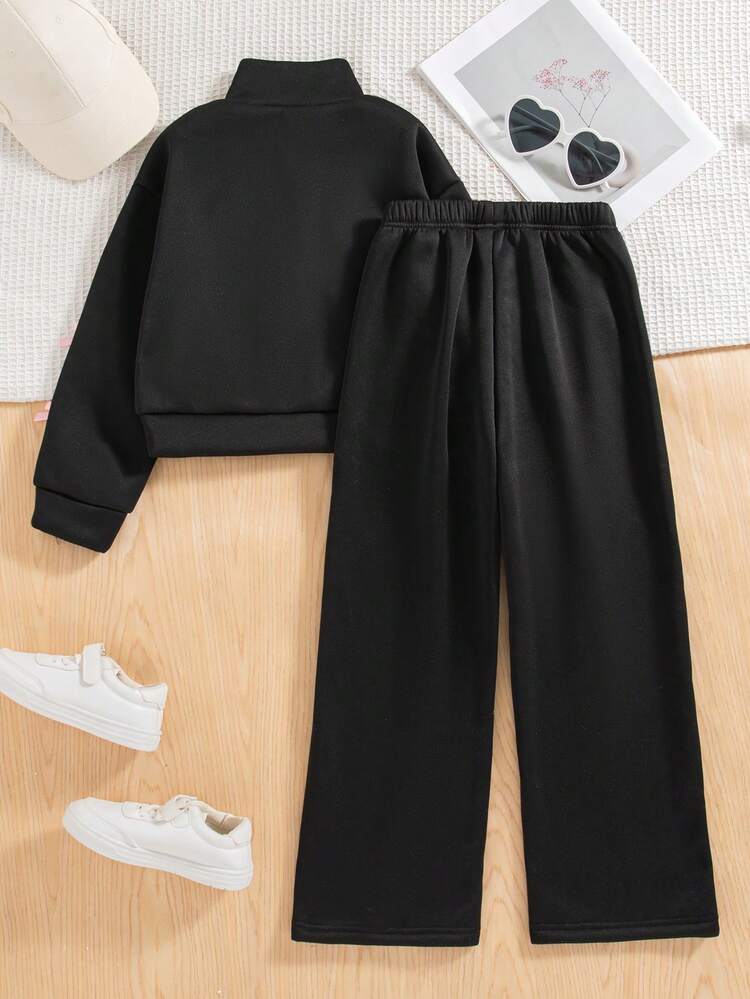 2件套女童休闲时尚蝴蝶结印花拉链装饰落肩长袖上衣和裤子套装，抓绒卫衣，秋冬款 - 黑色 - 查看 2