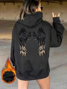 Women's Winter Wing Graphic Long Sleeved Drawstring Hoodie With Pocket ,Casual Loose And Versatile Holiday Style Tops,Fashionable Winter Women Clothes Suitable For Daily Wear - Black - View 1