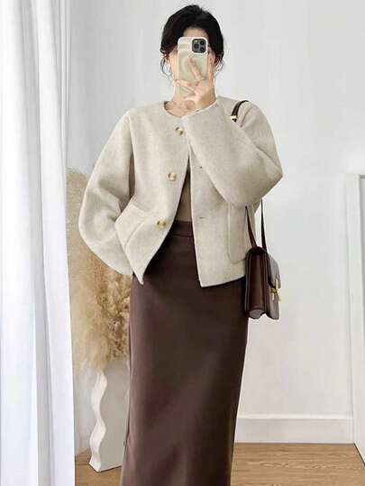 Women's Casual Minimalist Fashion Round Neck Single-Breasted Lined Short Jacket, Suitable For Daily, Holiday, Home And Outdoor Wear, Autumn/Winter, Christmas