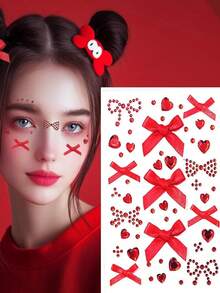 一张约171颗钻石心形蝴蝶结水钻贴纸，闪亮宝石贴纸，可用于脸部、身体、指甲，适合圣诞节、派对、节日、Y2K风格，有黄色、蓝色、红色、粉色、紫色可选。