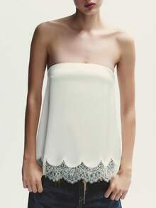 Women Satin Lace Trim Strapless Tube Tops Flowy Silk Backless Sleeveless High Low Tank Tops Boho Layering Bustier Top - trắng - Xem 3