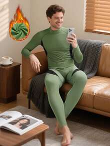 Bộ đồ giữ nhiệt cổ cao bằng vải nỉ dành cho nam - Màu xanh lá cây và đen với đường chỉ khâu tương phản, sọc thể thao | Giữ ấm tuyệt vời cho hoạt động trượt tuyết ngoài trời, co giãn mềm mại thoải mái trong nhà | Lớp lót giữ ấm nhanh khô | Sản phẩm thiết yếu/Quà tặng mùa thu đông, giữ ấm hiệu quả. - màu xanh lá - Xem 6