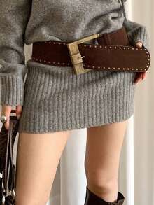 1 chiếc thắt lưng thời trang thắt eo bằng da lộn khóa lớn chất liệu PU màu nâu dành cho nữ phong cách cổ điển - Cà phê - Xem 2