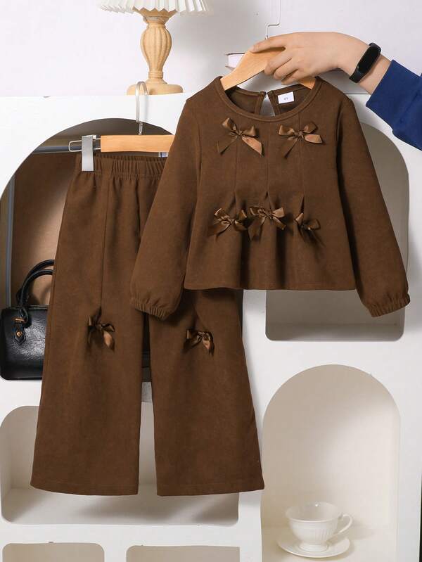2pcs/Set Young Girls Winter Casual Fashion Cute Bow Decor Vintage Brown Long Sleeve Top And Pants Outfit