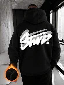 Black Fleece Zip-Up Hoodie, 1 Pcs  Autumn And Winter Street Art Style "Stwd." Graffiti Fleece-Lined Hoodie, 280g 100%Polyester Zip-Up Hoodie - màu đen - Xem 1