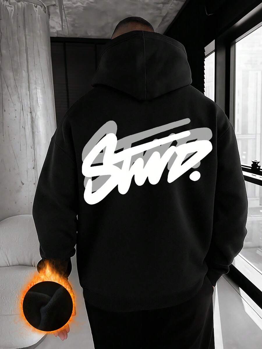 Black Fleece Zip-Up Hoodie, 1 Pcs Autumn And Winter Street Art Style "Stwd." Graffiti Fleece-Lined Hoodie, 280g 100%Polyester Zip-Up Hoodie - màu đen - Xem 1
