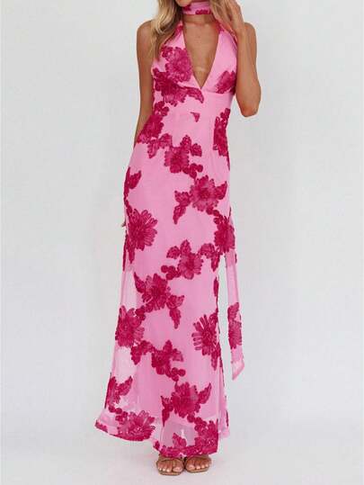 Women Elegant Sleeveless Long Dress, Fashion Halter Backless Flower Slim Fit Cocktail Dress for Party