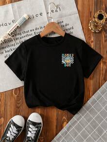 Young Boy Letter & Cartoon Face Print Round Neck Short Sleeve Casual T-Shirt - Black - View 2