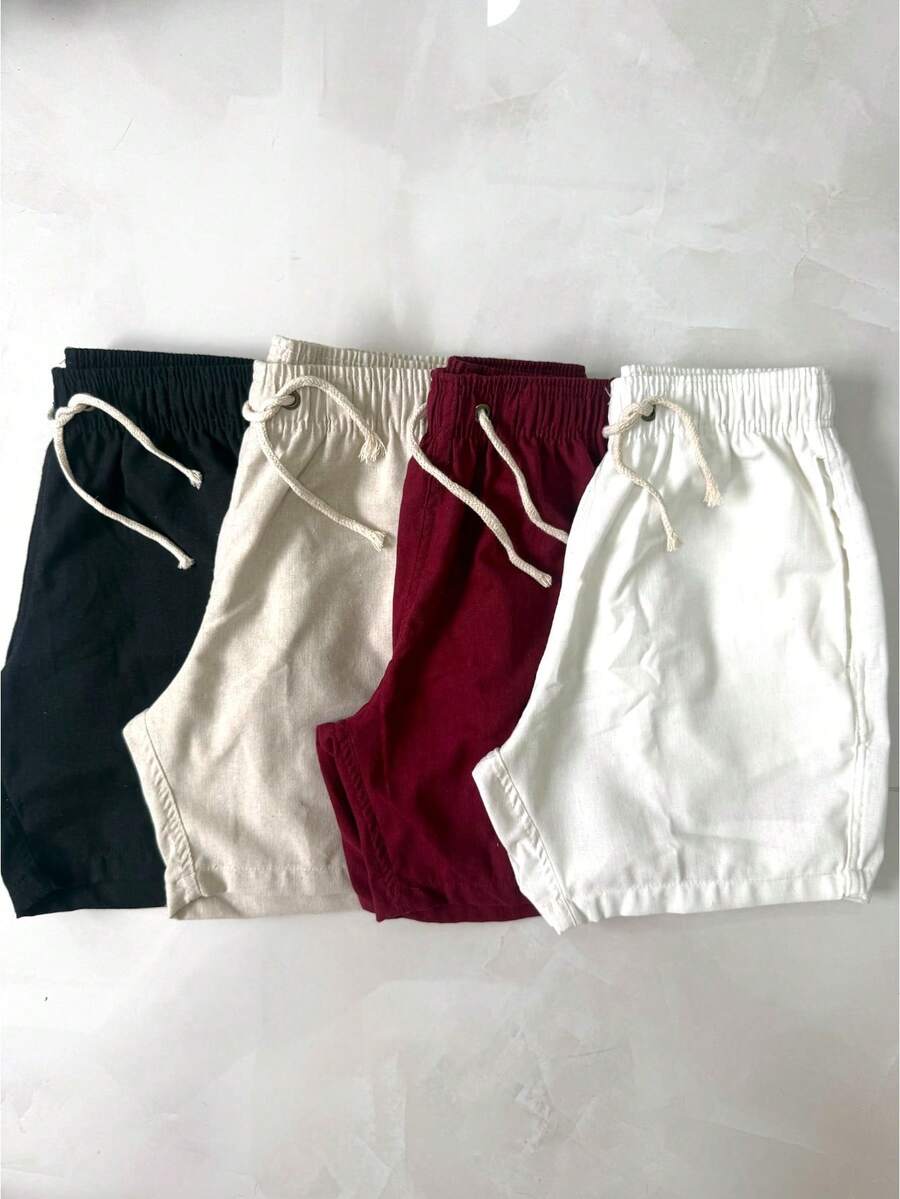 Set Of 3 Premium Linen Bermuda Shorts - 酒紅色 - 查看 1