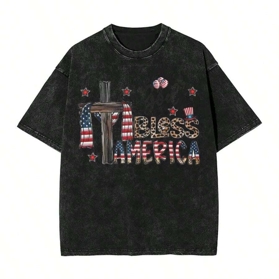 God Bless The USA Men T Shirt Washed  Funny Tee Shirt Short Sleeve Round Neck T-Shirt Cotton New Arrival Clothing - 黑色 - 查看 1