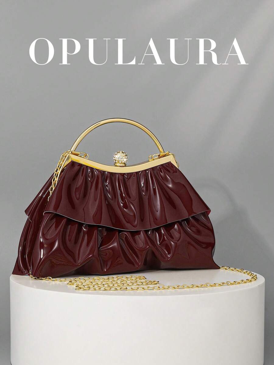 OpulAura 女士优雅迷人蛋糕裙造型真皮手拿包，荷叶边设计，适合正式晚宴场合，配有链条，花瓣形状随机 - 酒紅色 - 查看 1