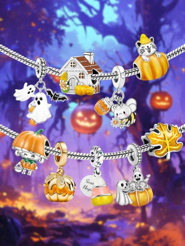 1 pieza Elegante cuentas de plata de ley 925 con diseño de calabaza y gato de Halloween que se adapta a pulseras, brazaletes y joyería DIY para mujeres, decoración de joyas para combinar con atuendos diarios para niñas
