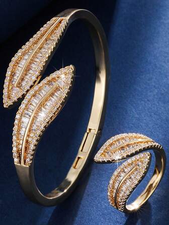 2pcs/Set Elegant & Unique Ring & Bracelet Jewelry Set For Women, Ceremonial Party