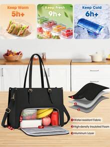 Insulated Lunch Tote Bag For Women With 15.6 Inch Laptop Compartment, Multifunctional Large Capacity Quilted Leather Computer Bag For Work, Teacher, Office & Commute - Black, Brown and White - View 7
