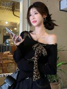 Y6Y 2026 新款豹紋長袖針織上衣，優雅設計，性感修身不對稱露肩女式襯衫，初秋穿搭 - 黑色 - 查看 6