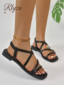 2 向穿透明休闲时尚百搭皮革外观平底凉鞋，带后带，适合女士，夏季