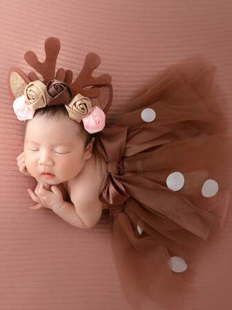 Newborn Full Moon Photoshoot Outfit - Baby Girl Christmas Tulle Puff Dress, Deer Horn Headband Set
