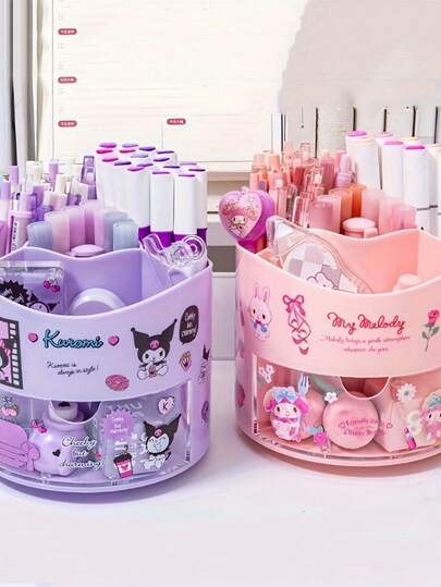 1pc Sanrio Large Capacity Storage Box - Cute & Convenient Multifunctional Storage Box With 360° Rotating Pen Holder, Drawer Design, Suitable For Desktop Organization, Minimalist & Durable, Great For Storing Pens/Accessories/Cosmetics, Must-Have For Sanrio Fans (Random Sticker Included)