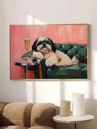 1 pieza Impresión artística de un Shih Tzu con champán, arte vintage lindo y caprichoso para decoración de carrito de bar, decoración de pared del hogar, impresión artística moderna de un gato negro con un martini, regalo de impresión artística fina, decoración de dormitorio, decoración de sala de estar, decoración de oficina, decoración de dormitorio, arte de pared, decoración de pared, decoración del hogar, decoración de habitación, arte de pared en lienzo, carteles, arte de pared con marco, marco opcional
