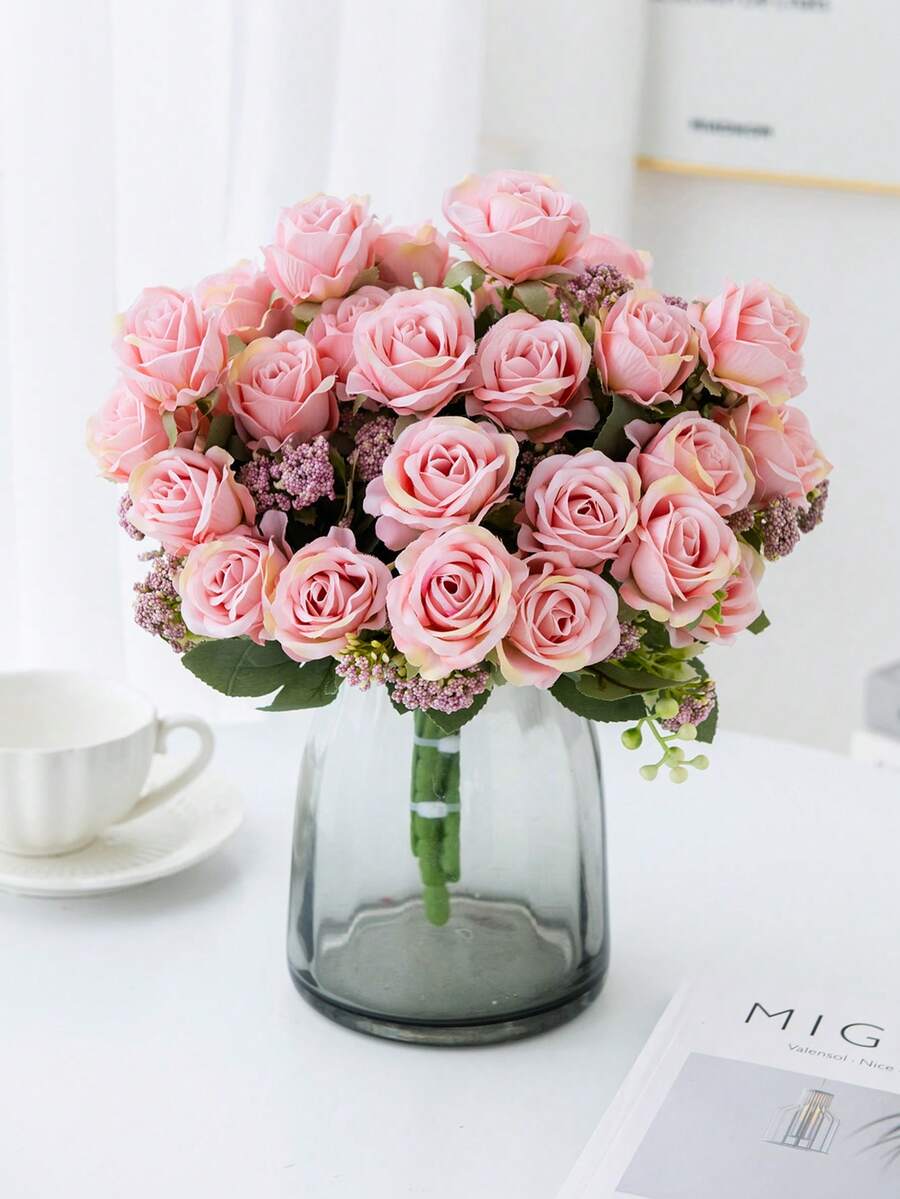 1/80 pièces Bouquet de roses en soie avec fruits en mousse artificielle, convient pour la décoration d'automne, le bouquet de mariée de la Saint-Valentin, le vase de mariage, la maison, le restaurant, la chambre à coucher, les fêtes, l'anniversaire, la décoration de jardin extérieur - Rose pâle - Voir 1