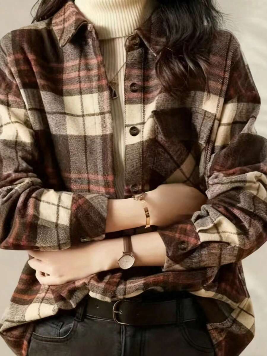 女士格子法兰绒衬衫，长袖，纽扣前襟，常规版型，涤纶面料，衬衫领，适合春、秋、冬季穿着。 - 彩色 - 查看 1