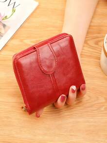 Short Portable Tri-Fold Wallet, PU Women's Multi-Functional Wallet Zipper Large Capacity Coin Purse, Document Storage Bag Women's Oil Wax Leather Retro Coin Purse Simple Buckle Coin Bag Girls' Small Wallet - White - View 8