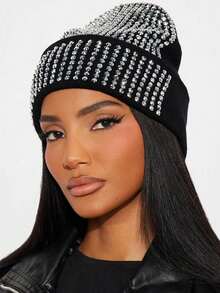 1pc Shiny Sequin Cuffed Knit Beanie Hat, Rhinestone Decor, Unisex, Stretchy Skull Cap For Winter - Multicolor - View 2