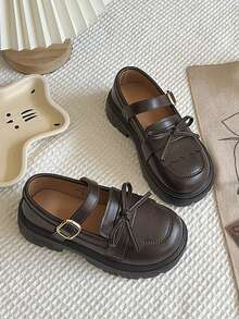 Girls Mary Jane Dress Shoes Bow Strap Thick Sole School Uniform Flats For Daily Wear - màu nâu - Xem 7