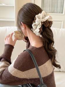 1pc Elegant Lace Multilayer Hollow Floral Hair Scrunchie, Unique Design, Versatile For Daily Use ,Hair Ties ,Scrunchy Hair Ties Ponytail Head Accessories Elastic Band - Brown - View 4