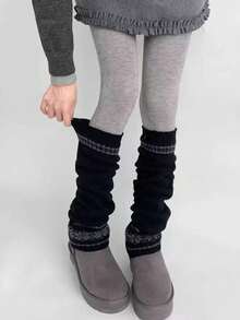 1 Pair Multicolor Korean Style Fair Isle Knit Leg Warmers For Women, Thick Knit Snowflake Design, Slimming & Warm, Grey, Cozy - Multicolor - View 9