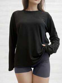 Camiseta de manga larga con caída en los hombros de unicolor negro, talla grande, holgada y casual - Negro - Ver 3