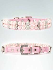 1pc Faux Pearl & Rhinestone Decor Pet Collar - Hồng - Xem 3