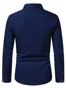 全新男士时尚休闲印花波尔卡圆点和格子长袖衬衫 - 藏蓝色 - 查看 3