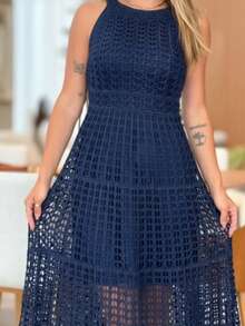 Lace Flared Dress, Beachwear, Elegance. - 藏蓝色 - 查看 3