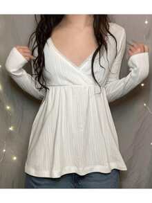Women Long Sleeve Babydoll Tops Lace Trim V Neck Ribbed T-Shirt Casual Fall Streetwear - White - View 5
