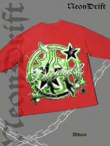 NeonDrift Double-Sided Printing Halloween, Christmas, Thanksgiving Gifts-Glowing Neon Graffiti T-Shirt - Vibrant Green Design For Urban Streetwear Enthusiasts, Perfect For Festivals And Nightlife,  Graphic Tee With Bold Artwork - Đỏ - Xem 3
