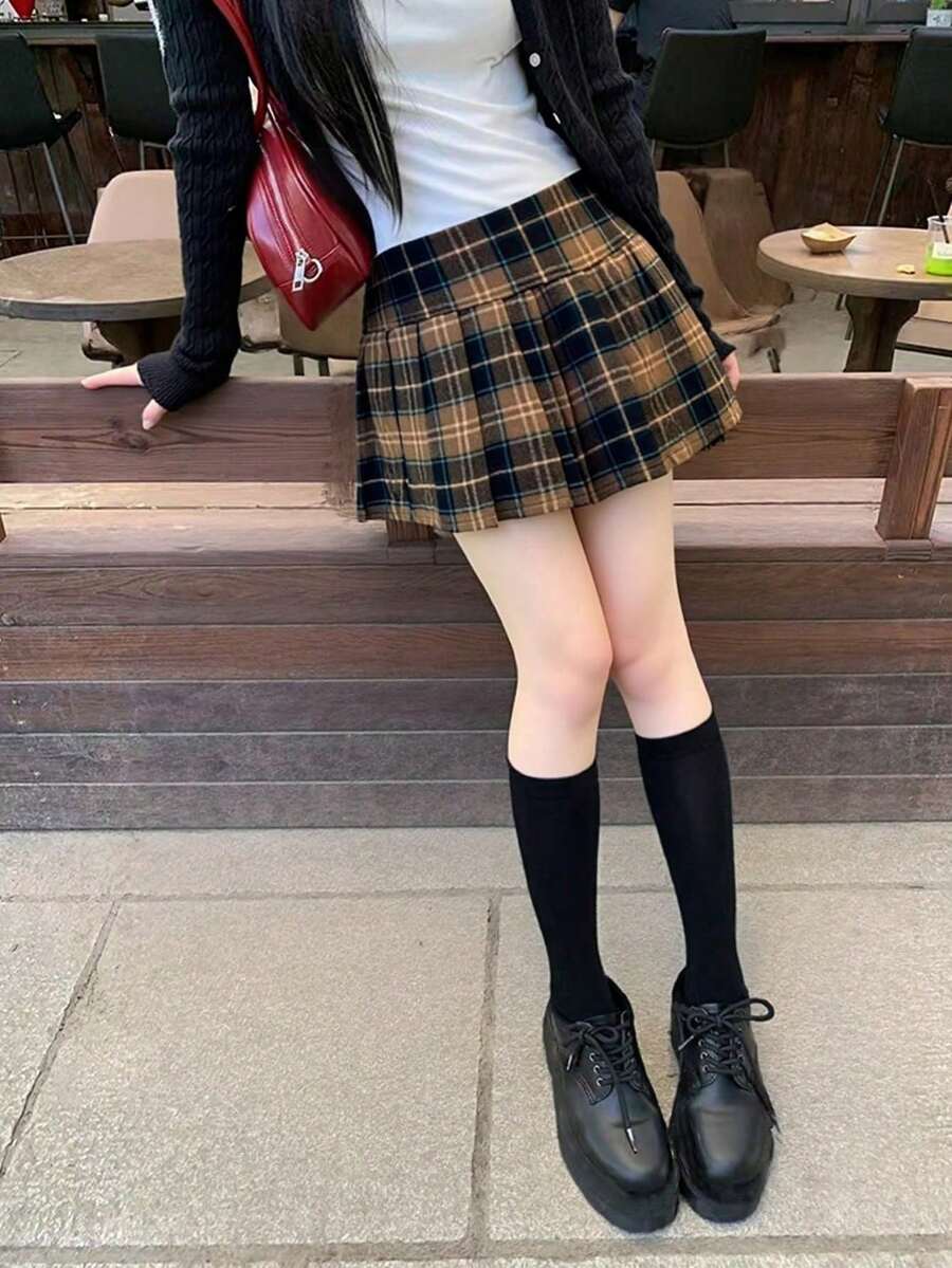 棕黑色格纹百褶A字高腰半身裙，显瘦廓形，适合上学、通勤，日式学生风春季单品 - 咖啡棕 - 查看 1